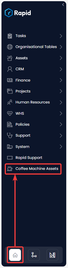 A screenshot demonstrating how to create a Coffee Machine Assets subtype table. It highlights the fact that when a new table is created, it is automatically added to the bottom of the sidebar.